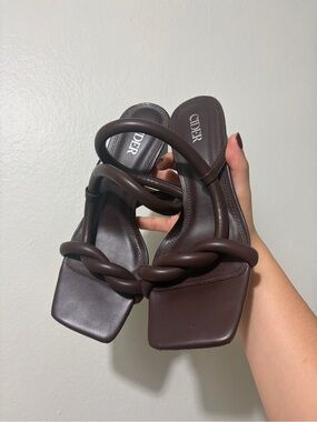 Cider Dark Brown Braided Strap Square-Toe Heeled Sandals